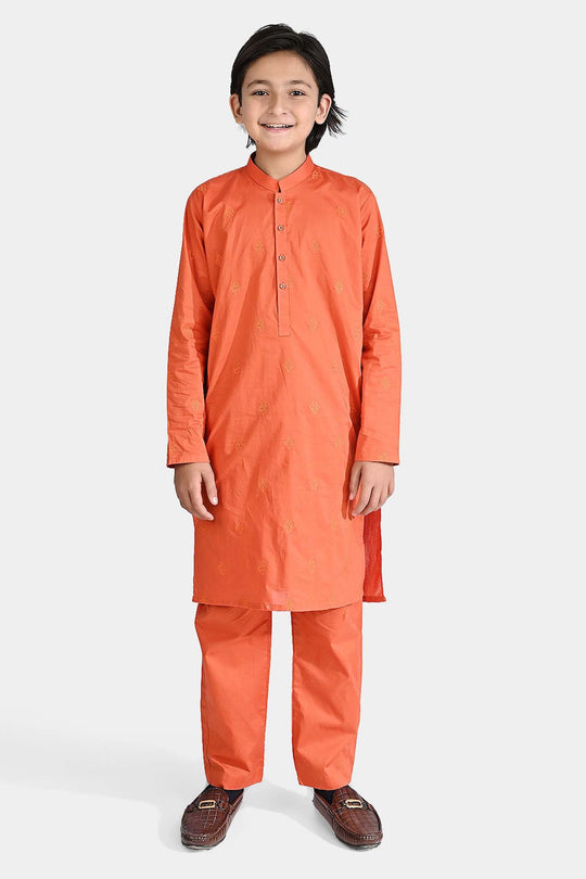 Boys Cotton Shalwar Suit (Tone On Tone)-Rust
