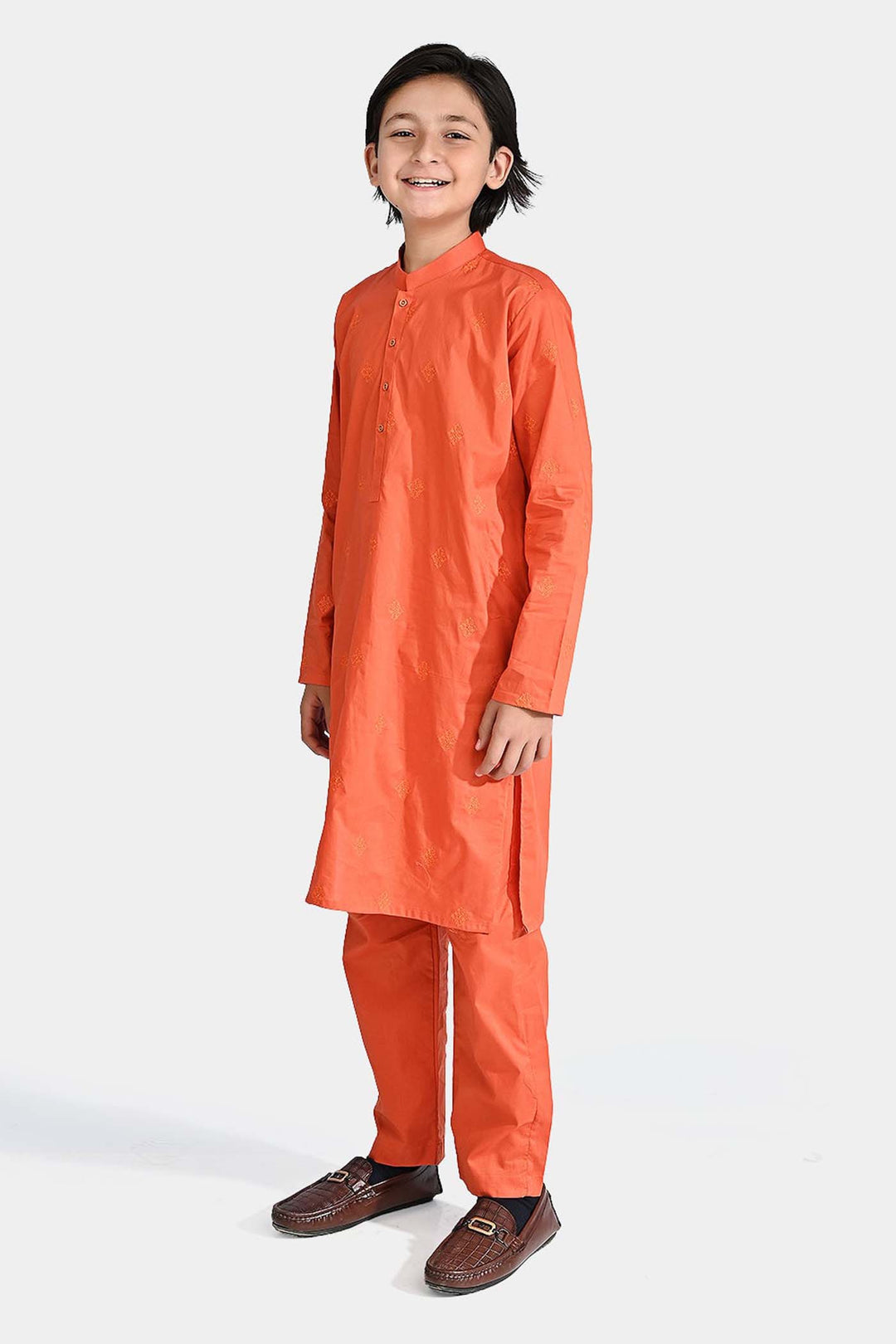Boys Cotton Shalwar Suit (Tone On Tone)-Rust