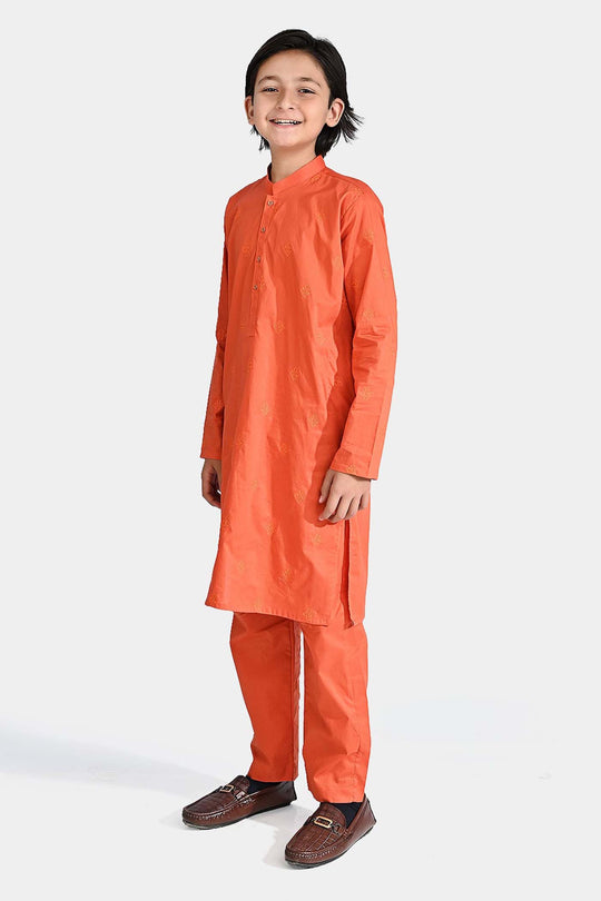 Boys Cotton Shalwar Suit (Tone On Tone)-Rust