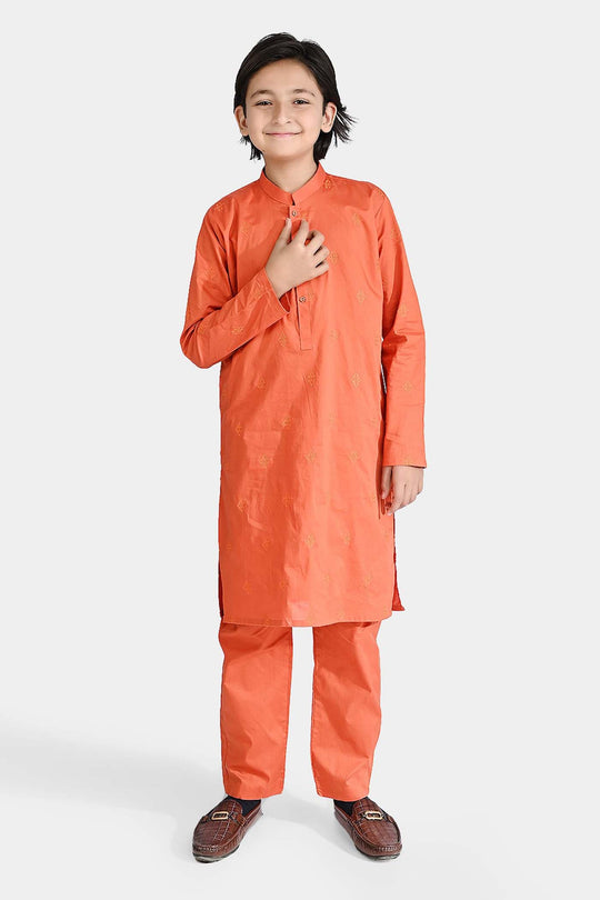 Boys Cotton Shalwar Suit (Tone On Tone)-Rust