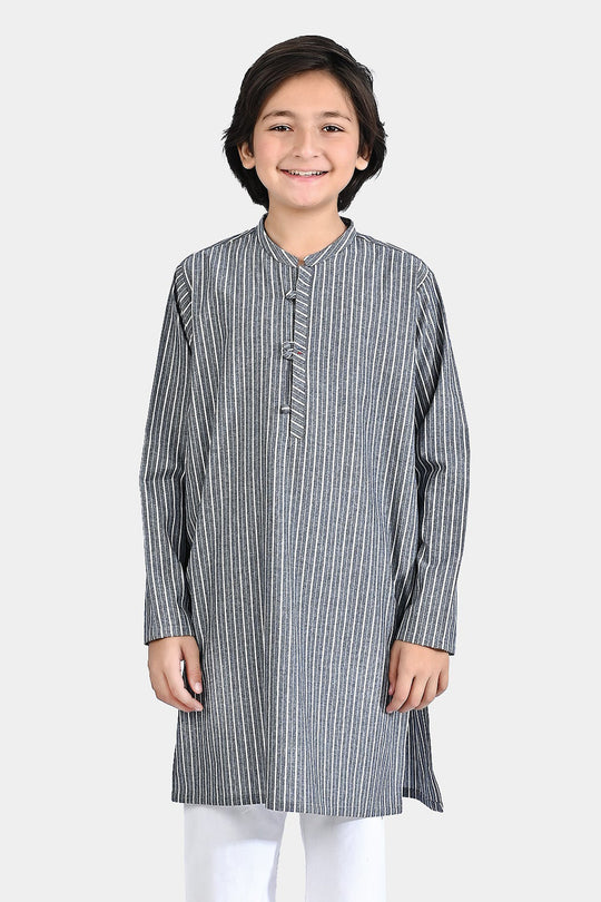 Boys Yarn Dyed Basic Kurta (Loop Style)- GREY