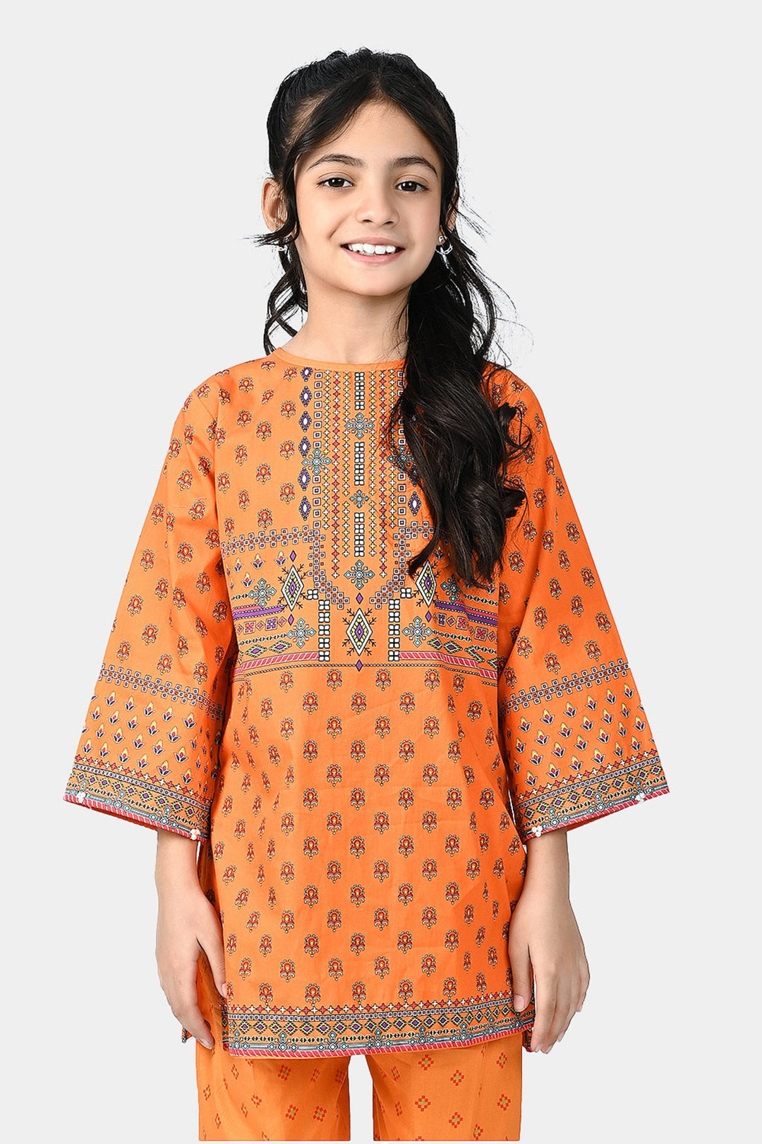 Girls Cotton Poplin Printed Kurti Naranji Phol-ORANGE