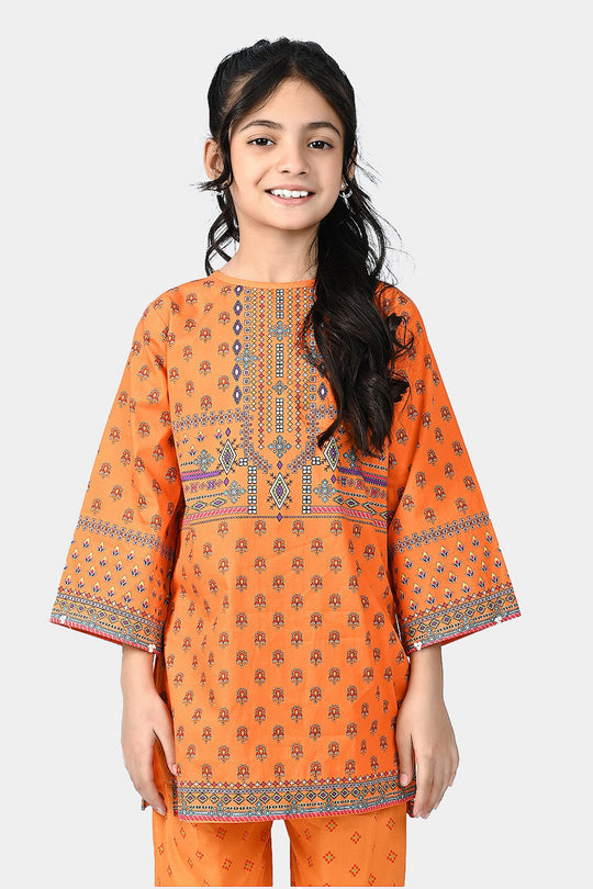 Girls Cotton Poplin Printed Kurti Naranji Phol-ORANGE