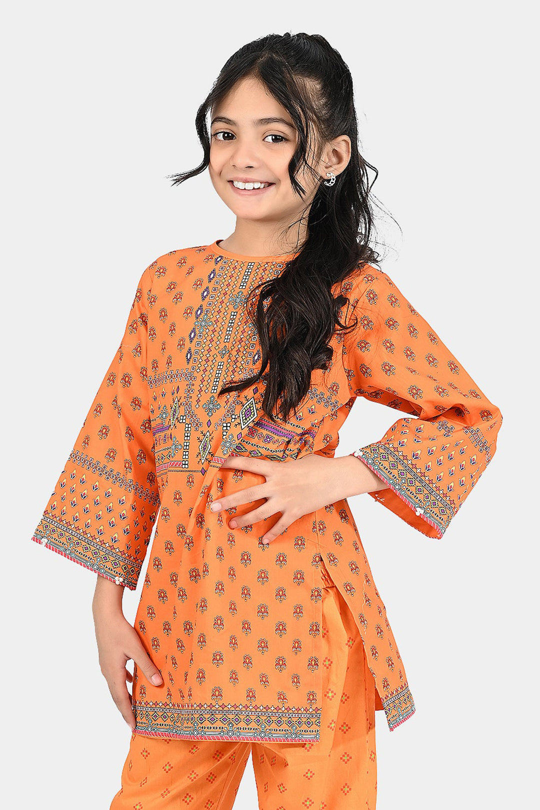 Girls Cotton Poplin Printed Kurti Naranji Phol-ORANGE