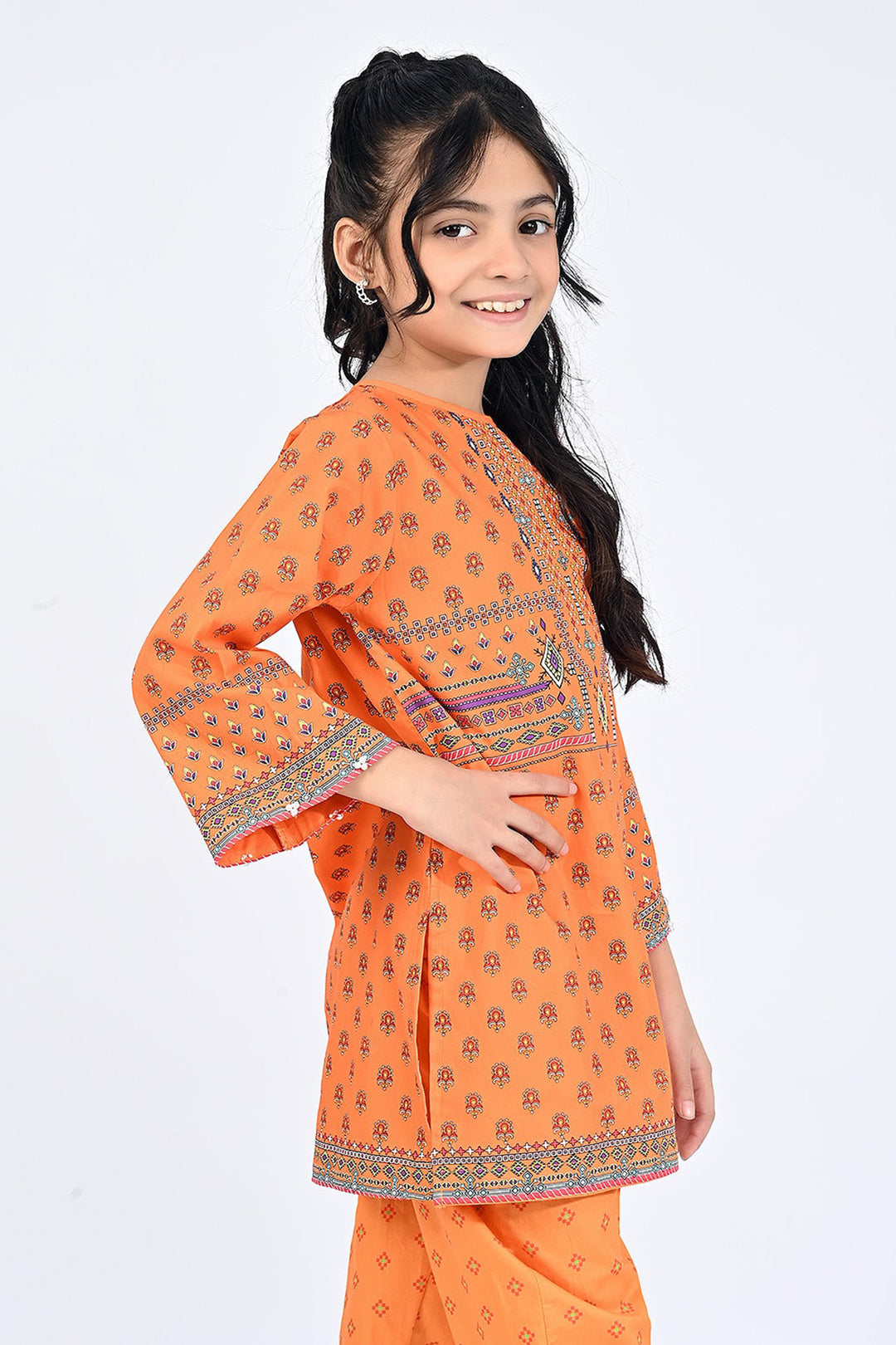 Girls Cotton Poplin Printed Kurti Naranji Phol-ORANGE