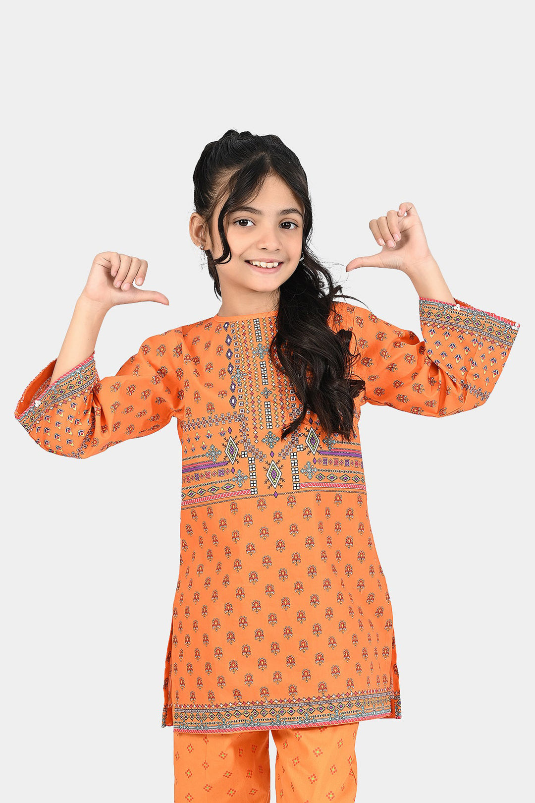 Girls Cotton Poplin Printed Kurti Naranji Phol-ORANGE