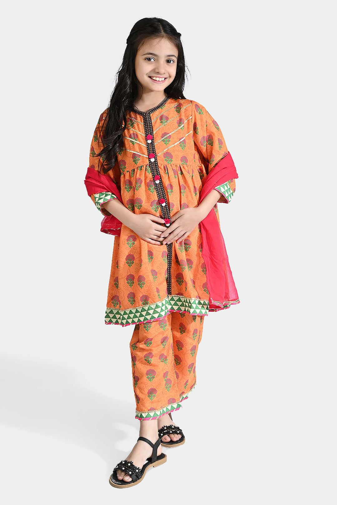 Girls poly cambric 3Pcs Suit Narangi-ORANGE