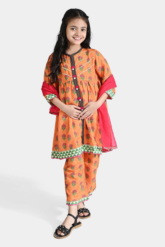 Girls poly cambric 3Pcs Suit Narangi-ORANGE