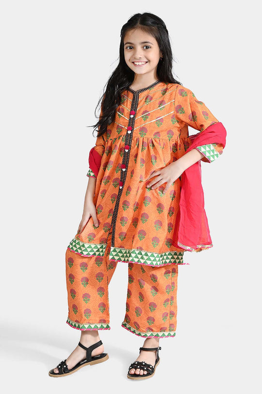 Girls poly cambric 3Pcs Suit Narangi-ORANGE