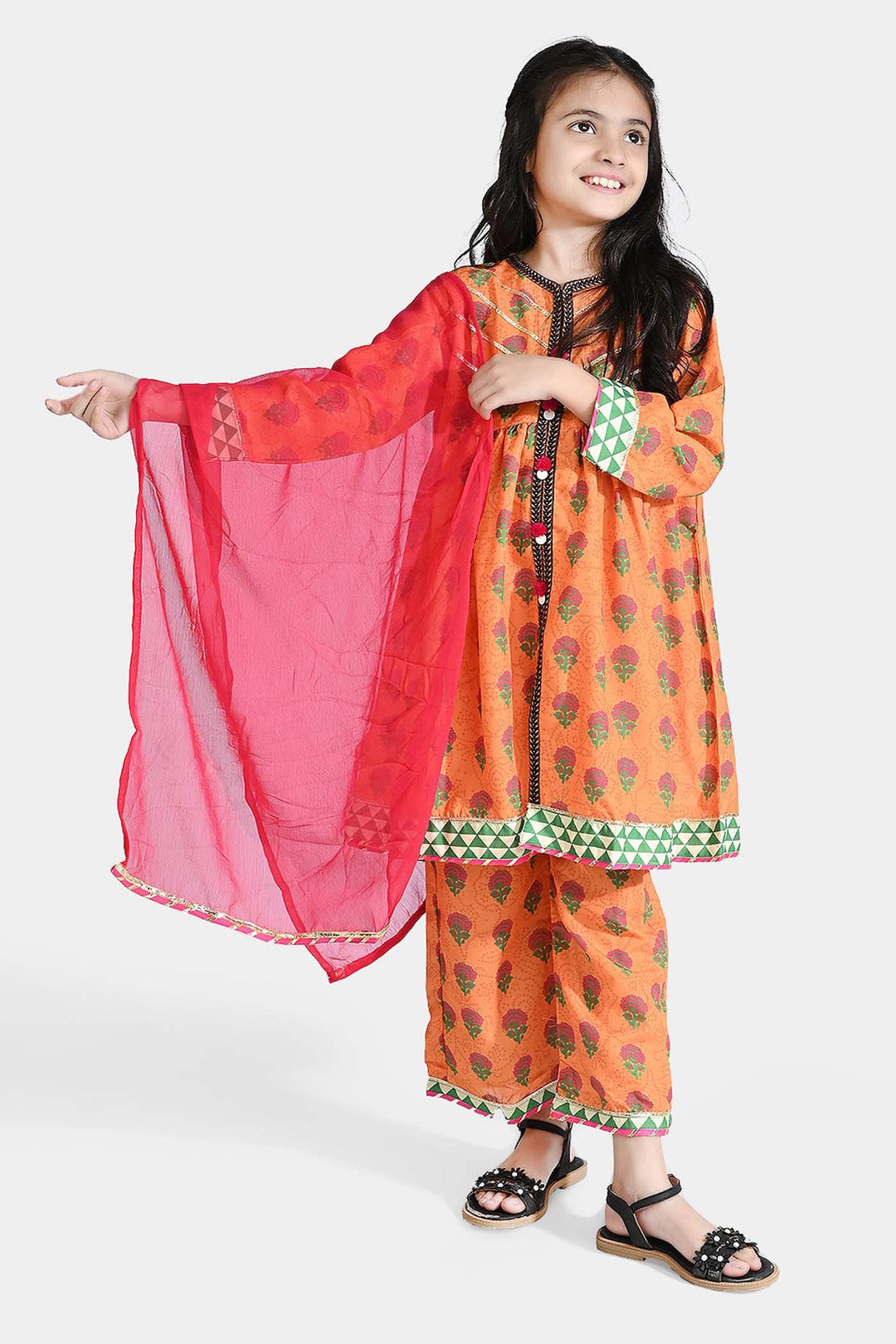 Girls poly cambric 3Pcs Suit Narangi-ORANGE
