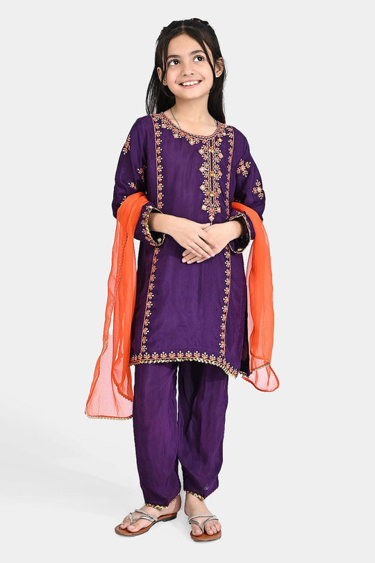 Girls Raw Silk 3 Pcs Huns-E-Jahaan-Purple