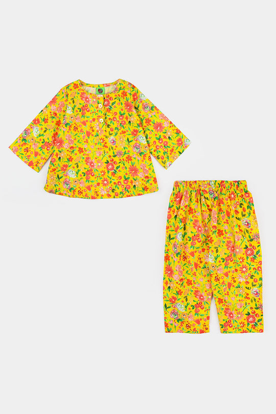 Infant Girls Cotton Printed 2 Pcs Vibrant-Yellow