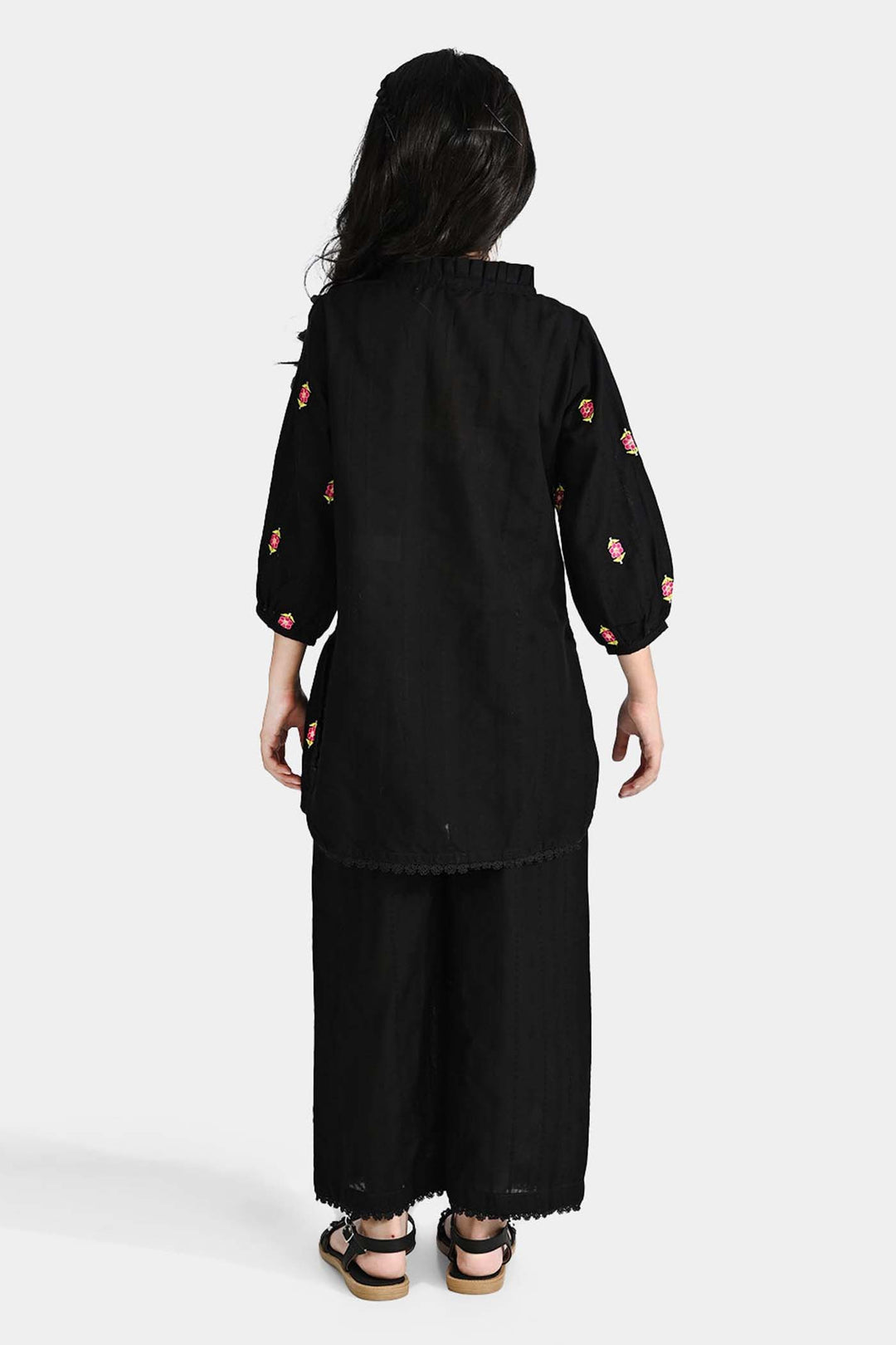 Girls Cotton Emb 2Pcs Floral-BLACK