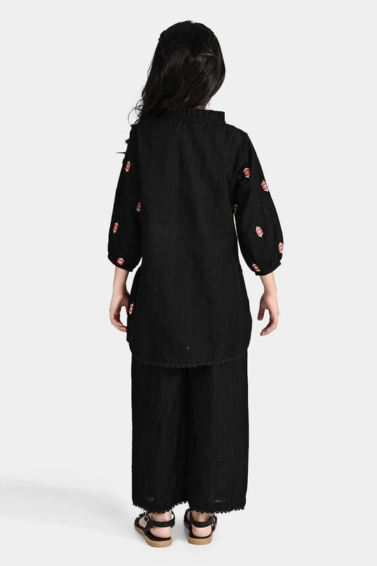 Girls Cotton Emb 2Pcs Floral-BLACK