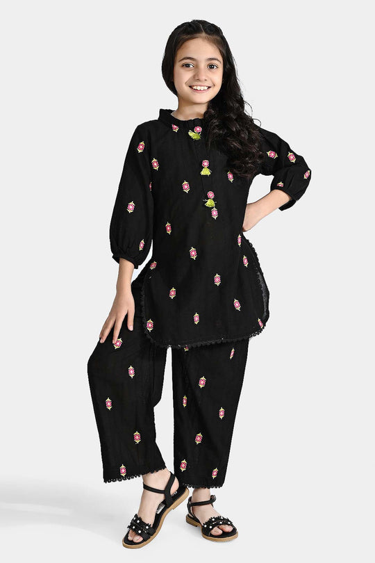 Girls Cotton Emb 2Pcs Floral-BLACK
