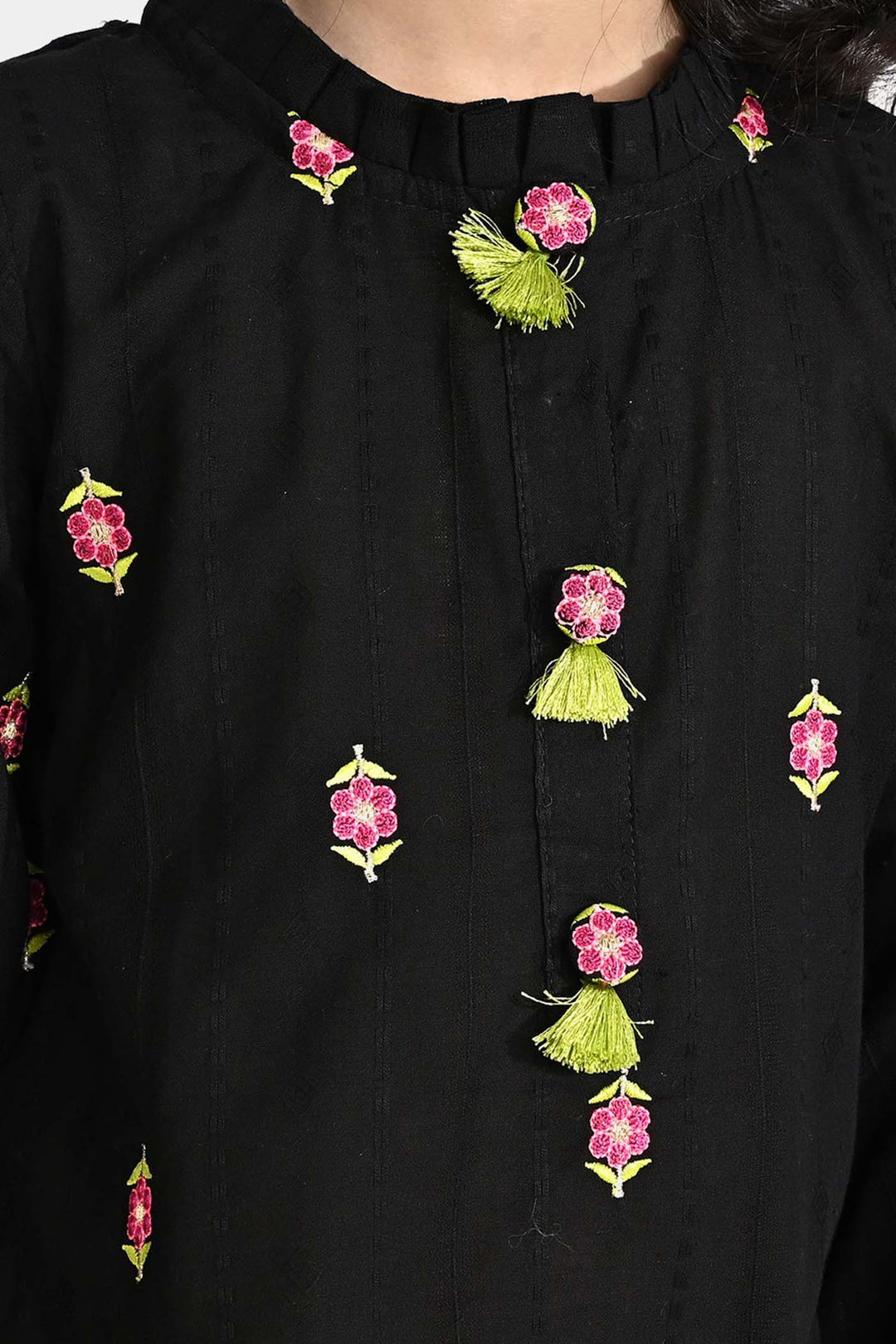 Girls Cotton Emb 2Pcs Floral-BLACK