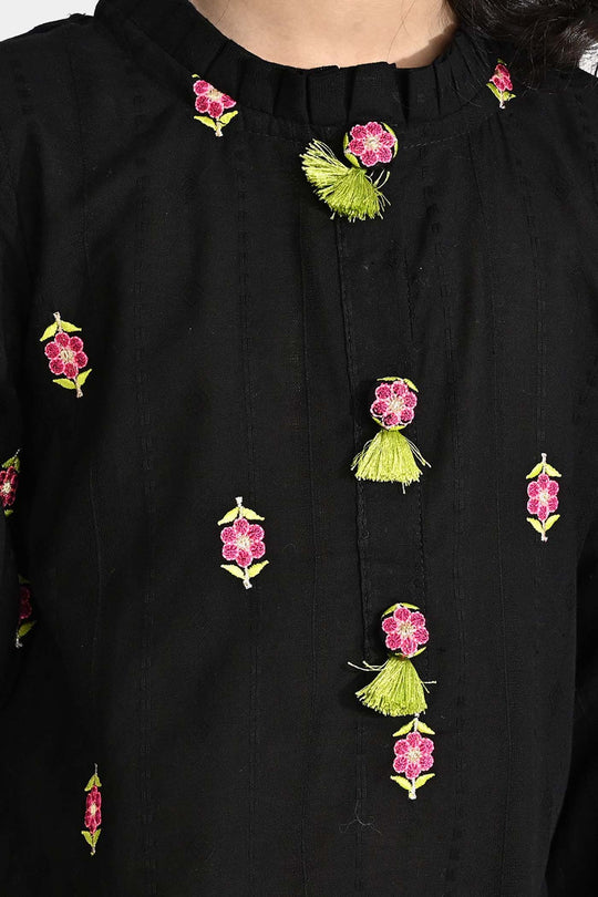 Girls Cotton Emb 2Pcs Floral-BLACK