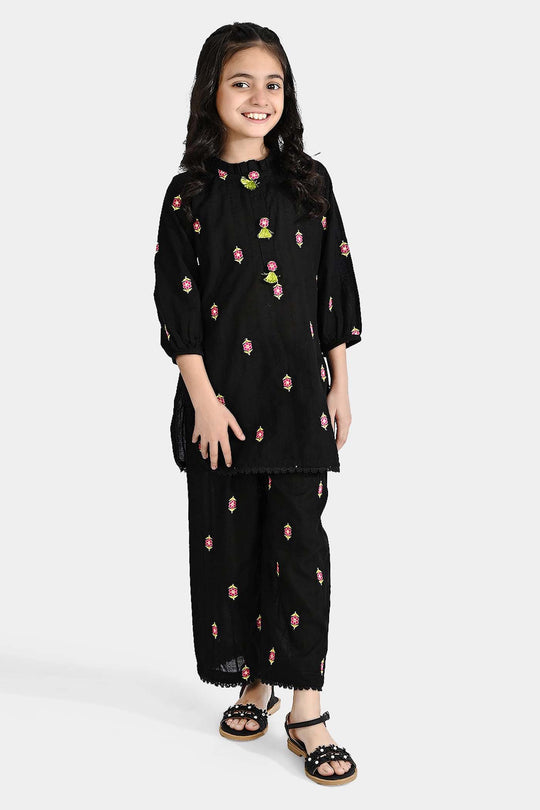 Girls Cotton Emb 2Pcs Floral-BLACK