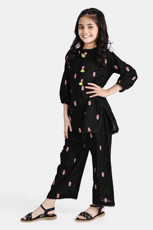 Girls Cotton Emb 2Pcs Floral-BLACK
