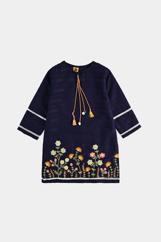 Girls Cotton Emb 2Pcs Garden-Navy Blue