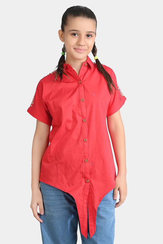 Girls Cotton Emb Top Aztec-Red