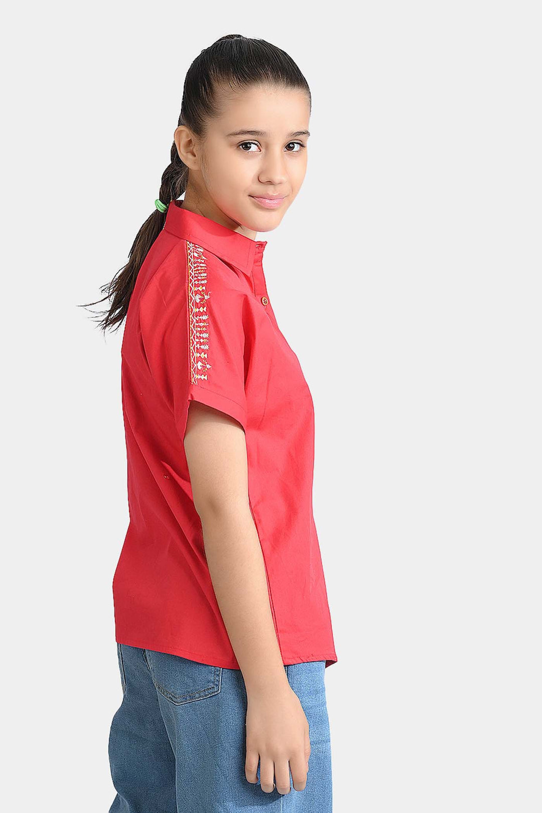 Girls Cotton Emb Top Aztec-Red