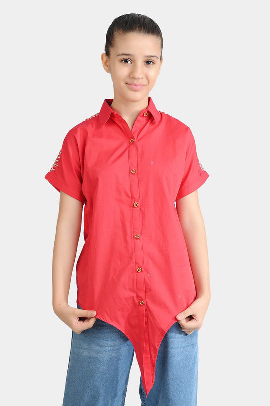 Girls Cotton Emb Top Aztec-Red