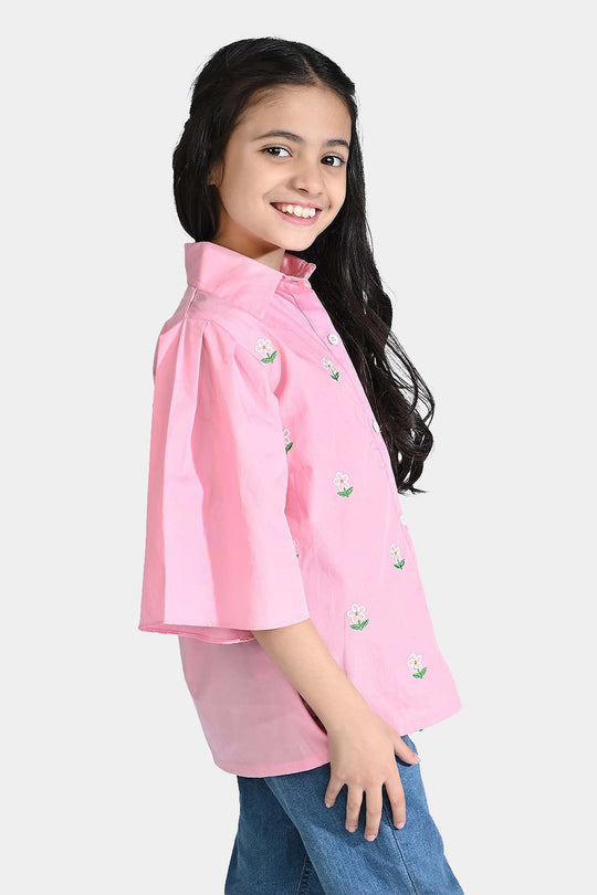 Girls Cotton Emb Top Candy-C.Pink
