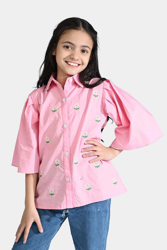 Girls Cotton Emb Top Candy-C.Pink