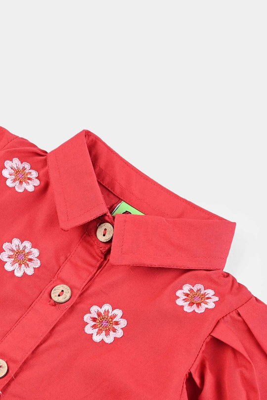 Infant Girls Cotton Emb Top Red Effect-Red