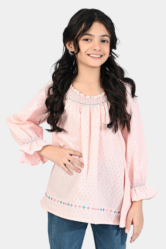 Girls Poly Cotton Emb Top Smoke - Pink