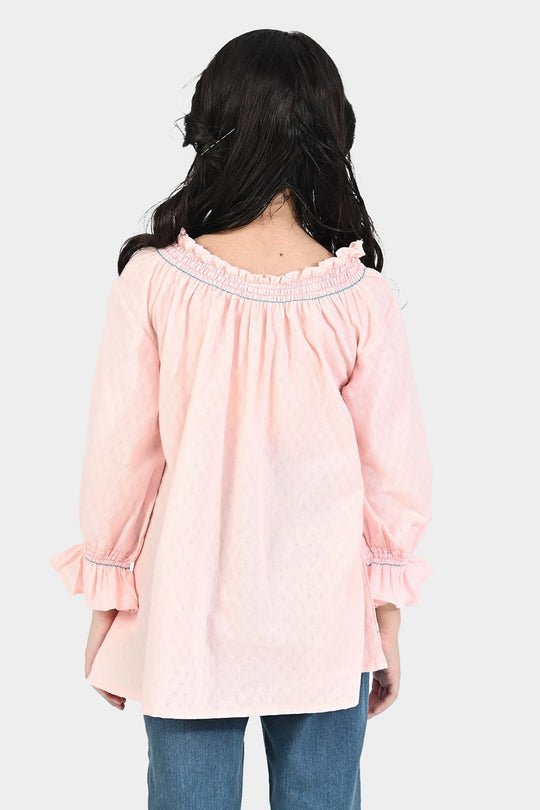 Girls Poly Cotton Emb Top Smoke - Pink
