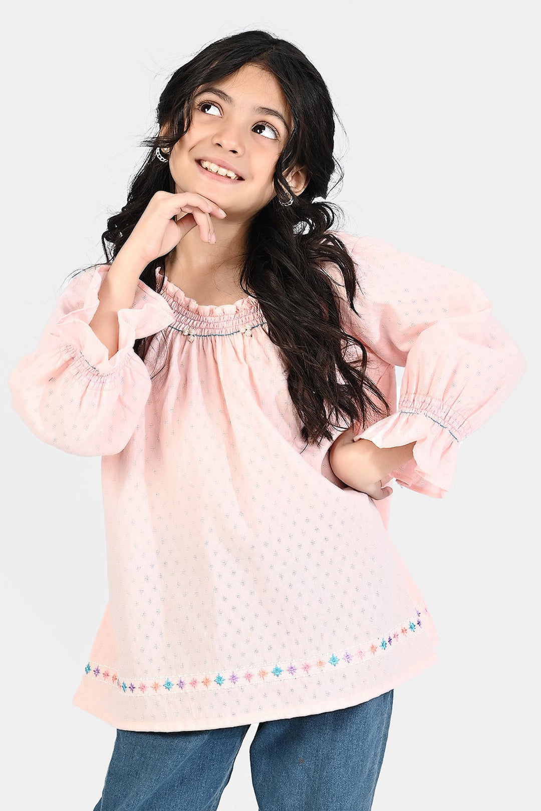 Girls Poly Cotton Emb Top Smoke - Pink