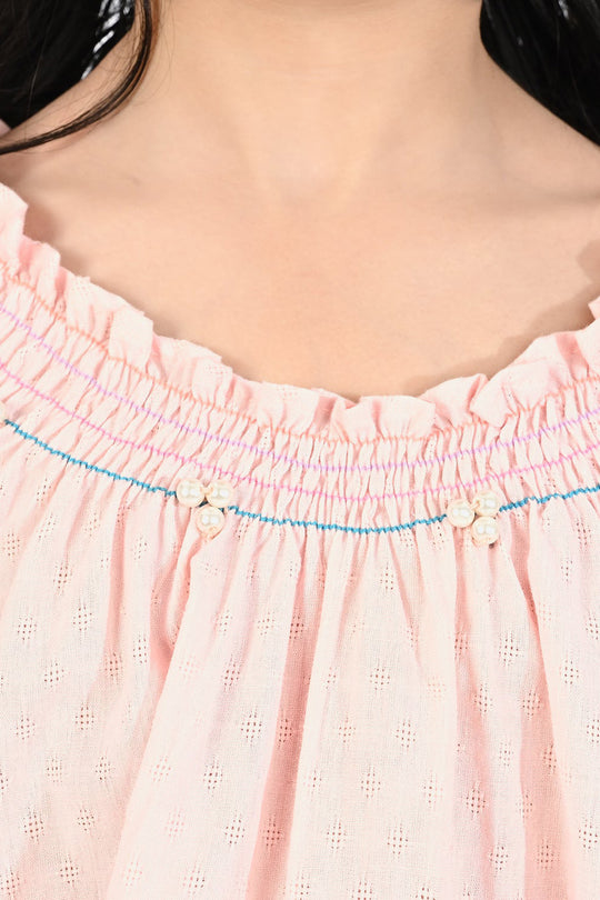 Girls Poly Cotton Emb Top Smoke - Pink