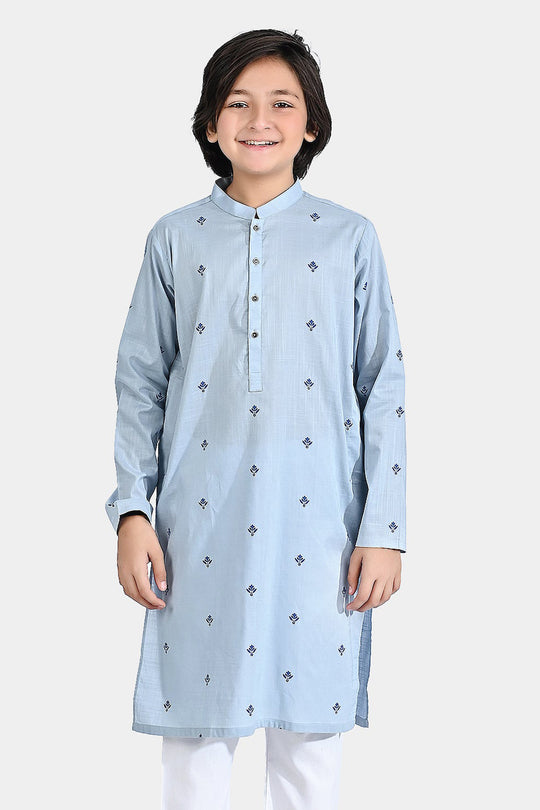 Boys Cotton Slub Printed Kurta (Chin Botti)-Blue