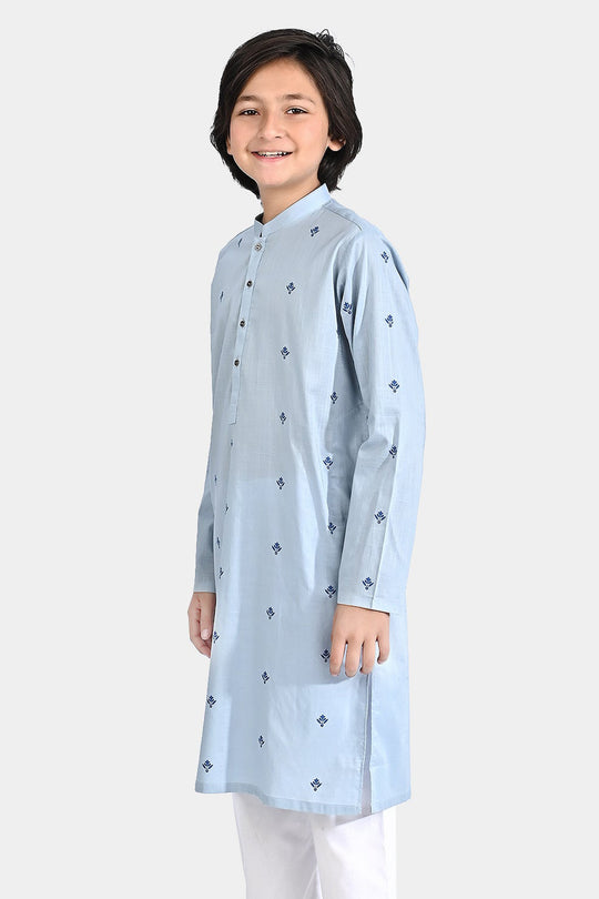 Boys Cotton Slub Printed Kurta (Chin Botti)-Blue