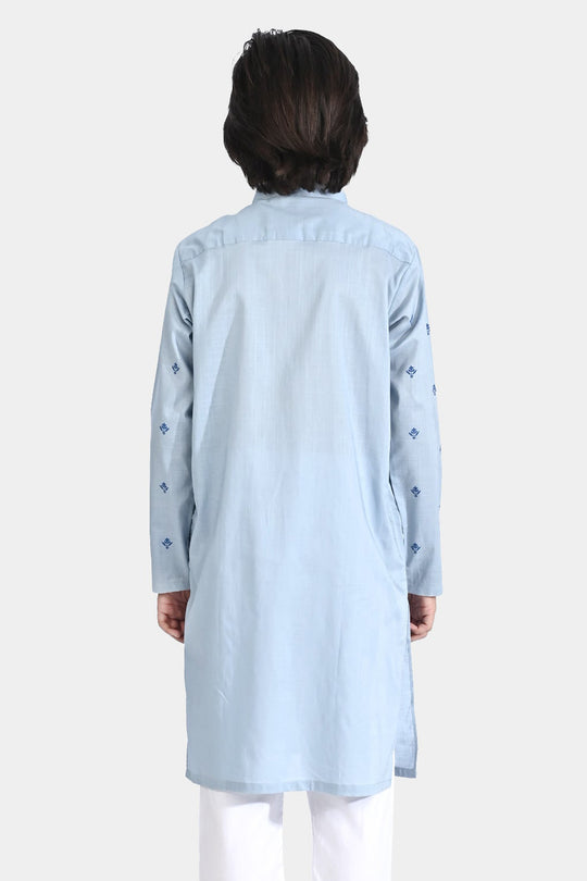 Boys Cotton Slub Printed Kurta (Chin Botti)-Blue