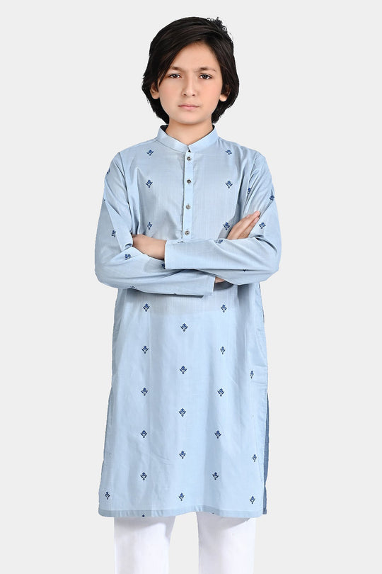 Boys Cotton Slub Printed Kurta (Chin Botti)-Blue