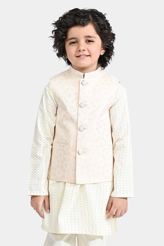 Boys Poly Viscose Waistcoat (Self Pattern)-Off White