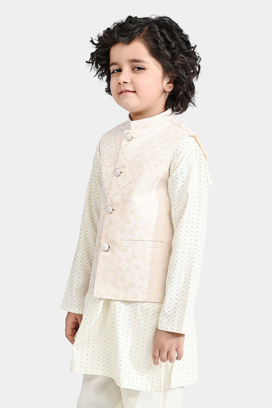 Boys Poly Viscose Waistcoat (Self Pattern)-Off White