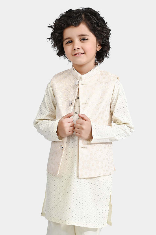 Boys Poly Viscose Waistcoat (Self Pattern)-Off White