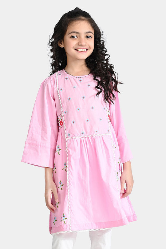 Girls Cotton Poplin Emb kurti Hope-Pink