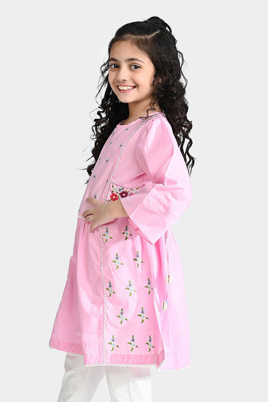 Girls Cotton Poplin Emb kurti Hope-Pink