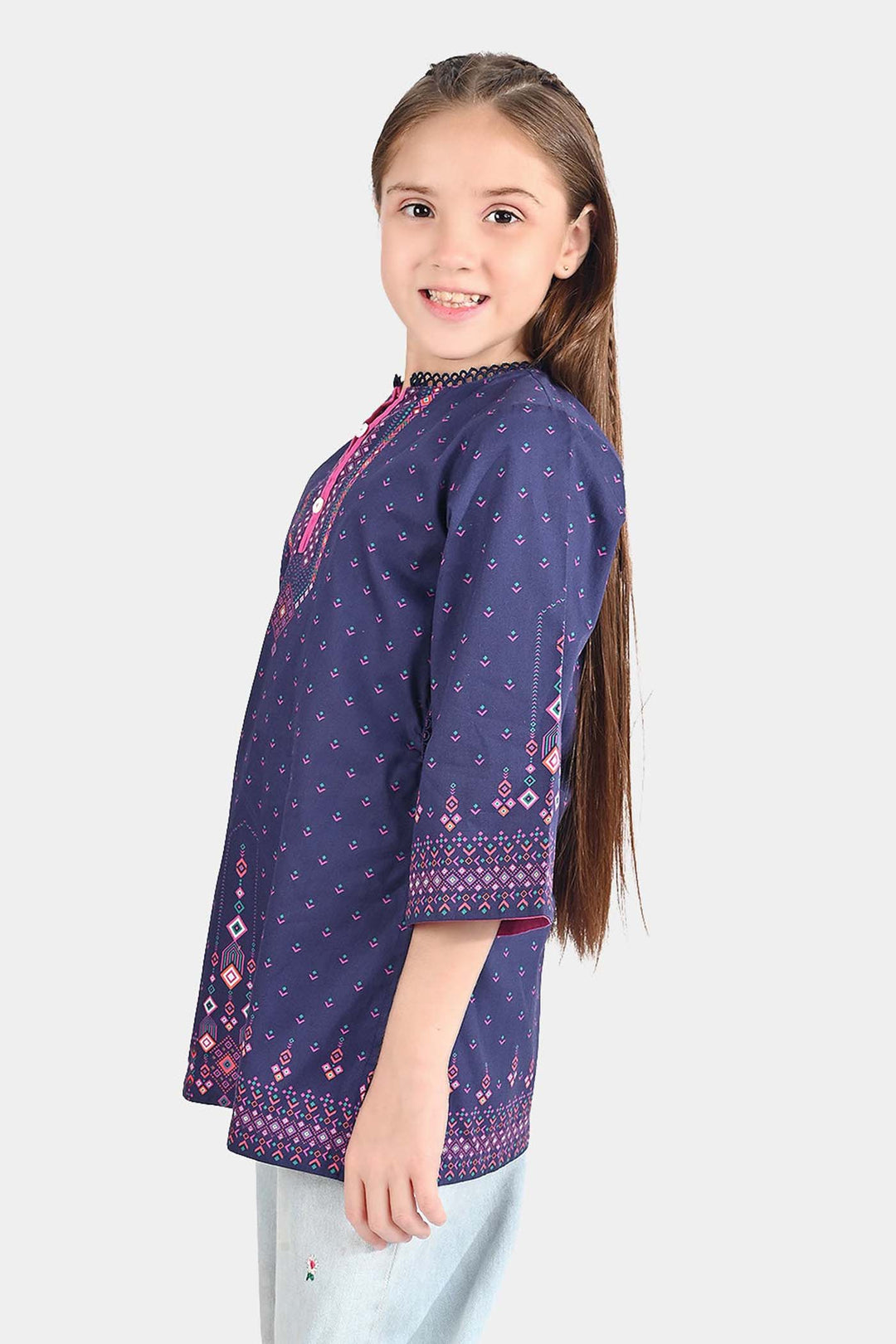 Girls Cotton Poplin Printed Kurti Side Pocket Style-Multi