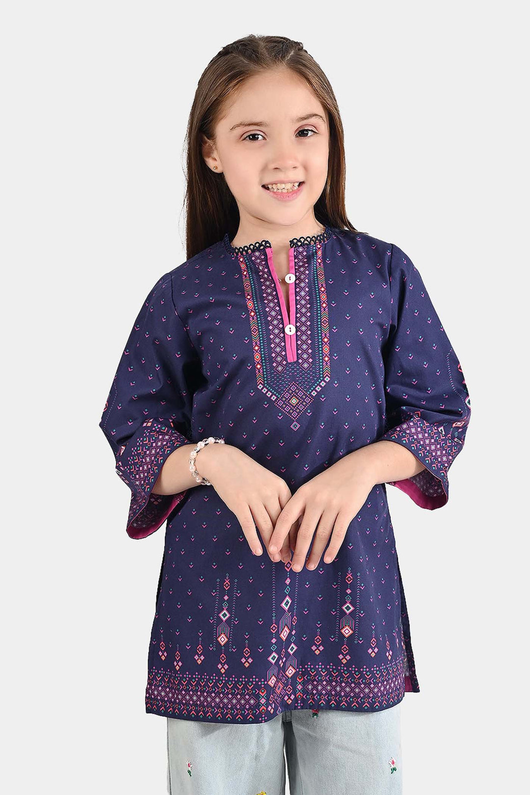 Girls Cotton Poplin Printed Kurti Side Pocket Style-Multi