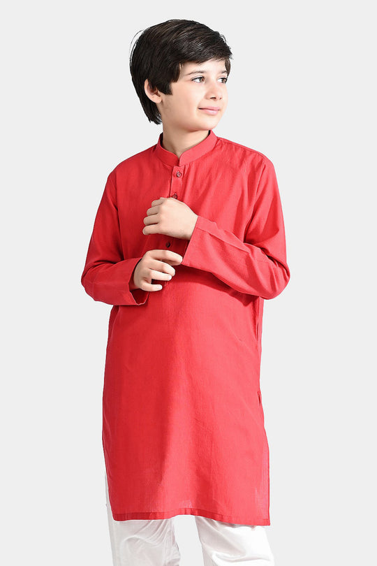 Boys Cotton Basic Kurta (Cut Style)-Red
