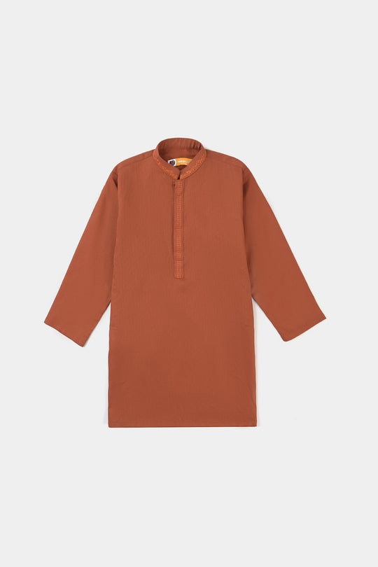 Boys Jacquard Embroidered Kurta (Tone On Tone)-Rust