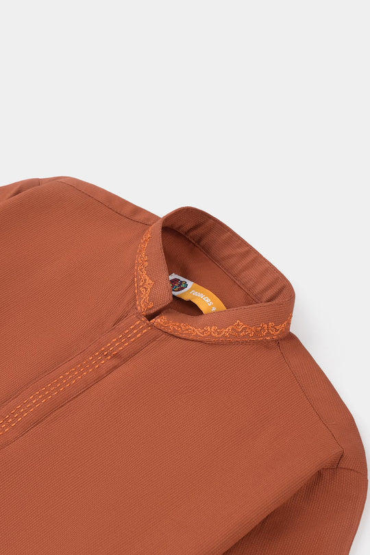 Boys Jacquard Embroidered Kurta (Tone On Tone)-Rust