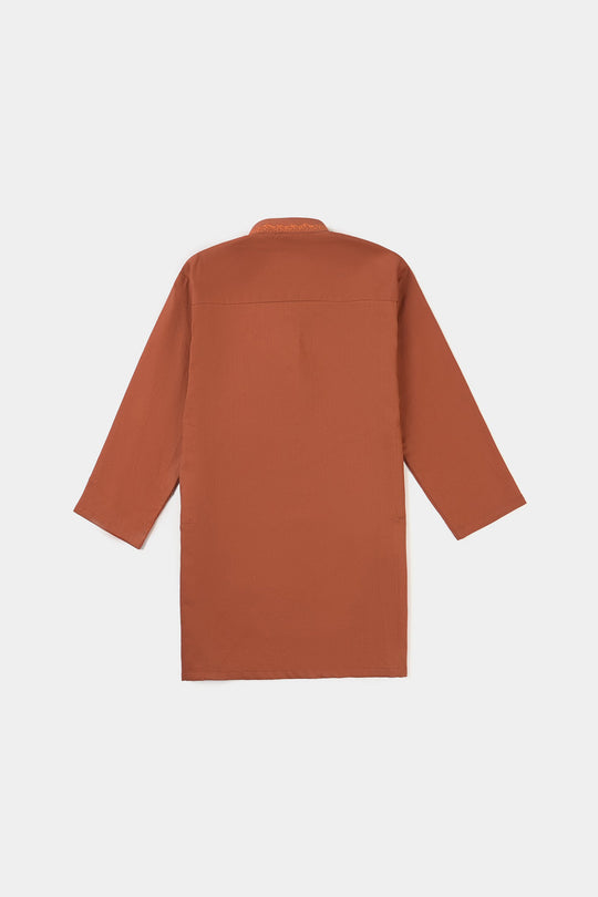 Boys Jacquard Embroidered Kurta (Tone On Tone)-Rust