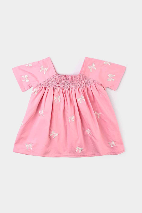Infant Girls Cotton Emb Top Bow-Candy Pink